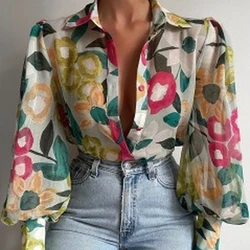 2023 Spring Fashion Lapel Lantern Sleeve Blouses Office Lady Vintage Floral Print Shirts Tops Button Up Long Sleeve Shirt 21620