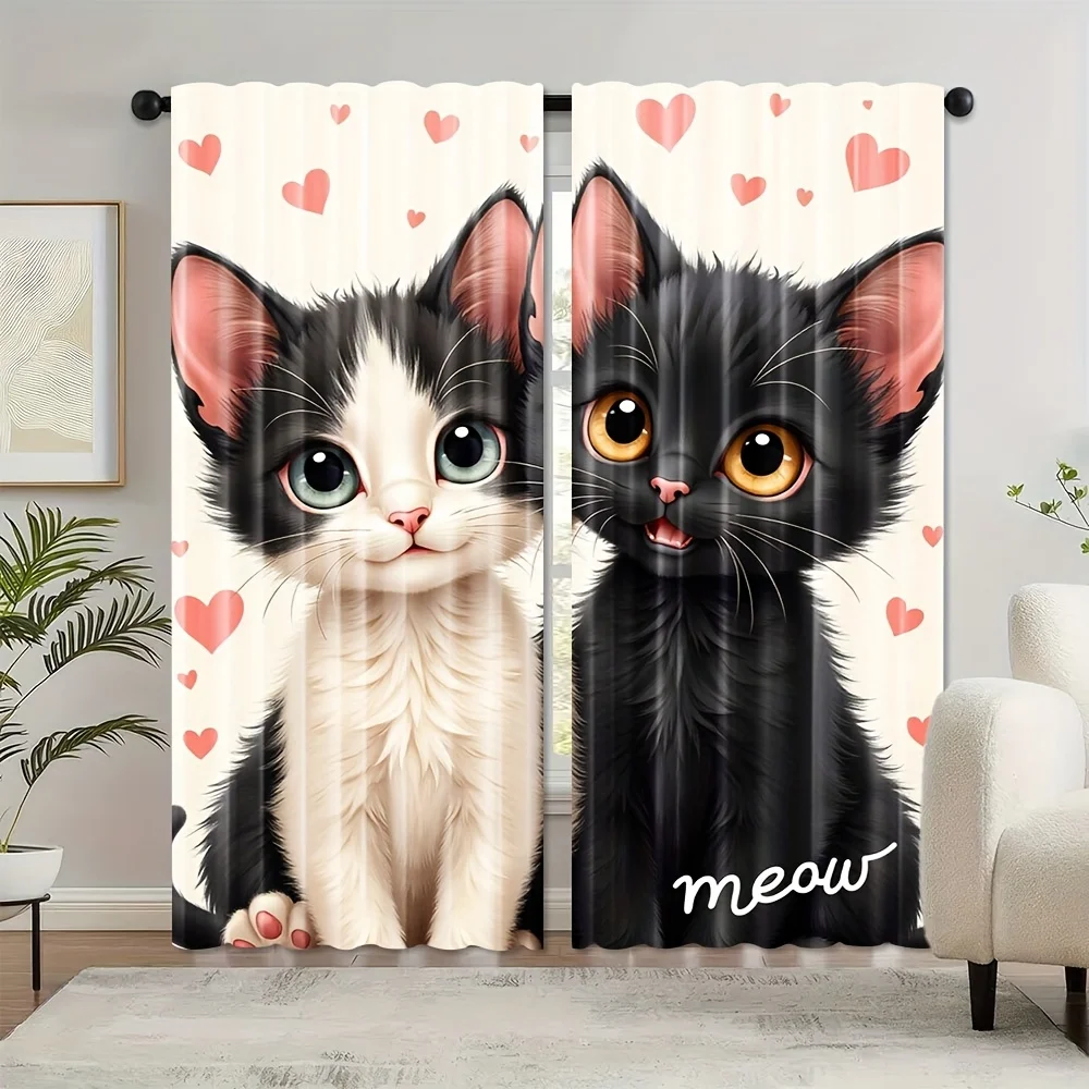 Cute Cat Face Pair Curtain Panels for Living Room Bedroom Home Decor Aesthetic Window Treatment