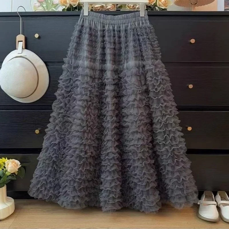 Gonna soffice in rete multistrato stile francese all'inizio della primavera con gonna a pieghe a pieghe a vita alta stile moda w1811