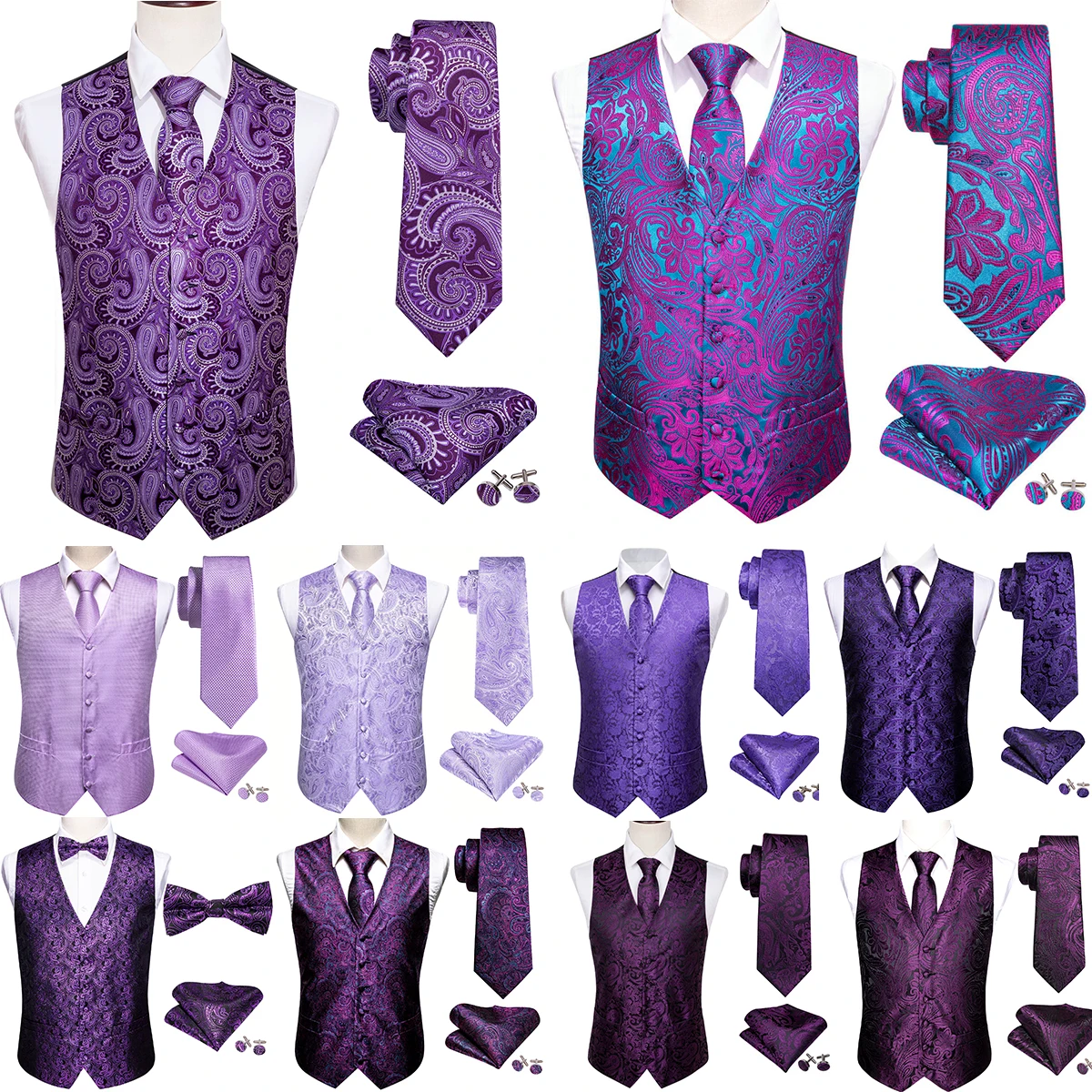 Mens Vest Dress Purple Paisley Solid Slim Waistcoat Suit Tie Hanky Cufflinks Formal Business Sleeveless Jacket
