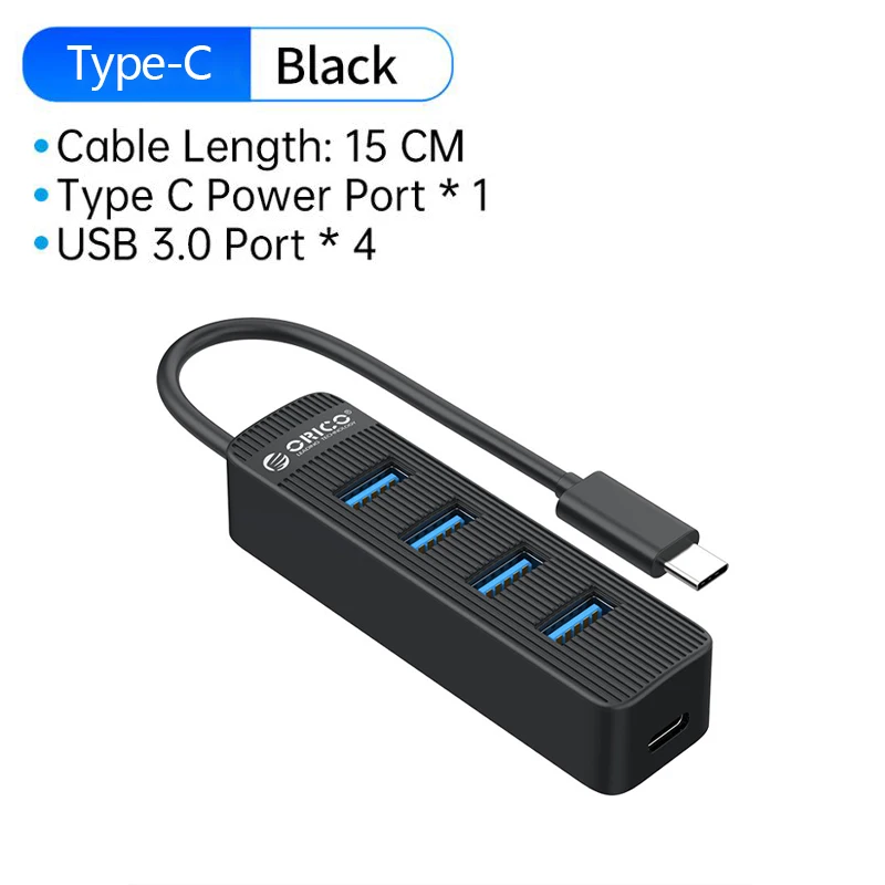 ORICO 4-poorts USB-hub, hoge snelheid, multifunctionele USB-splitter, mini-USB-C-hub, USB-A-adapter voor flashgeheugen, USB-stick, laptopaccessoires.