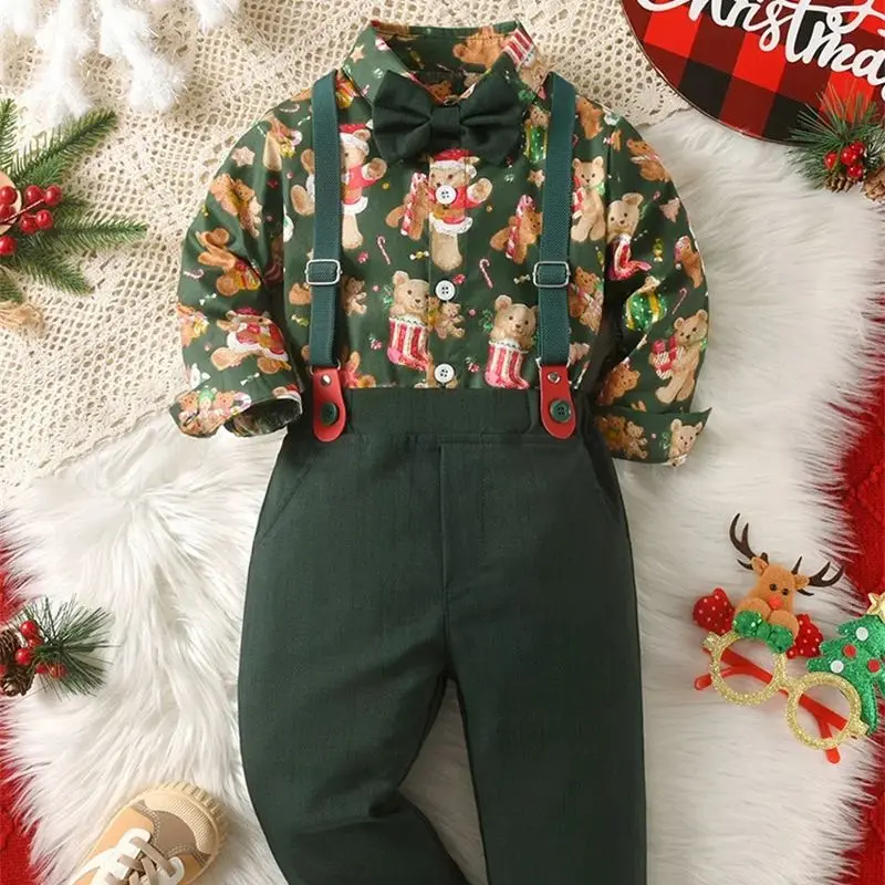 Santa Claus Christmas Clothes Sets For Kids Boys Long Sleeve Bow Tie Shirt With Pants For Children Xmas Festival New Year Outfit