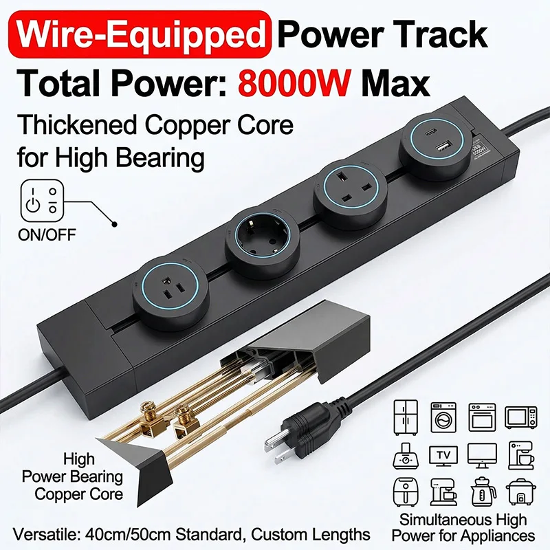 

Wall Mounted Power Track Socket US EU UK Plug Adapter 40/50cm Office Electrical Outlet USB Type C Grey Black