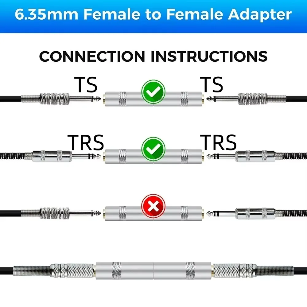 1/4 Inch 6.35mm TRS Stereo TS Mono Jack Adapter 6.35mm Female to Female Audio Extension Connector for Guitar Amplifier Speaker