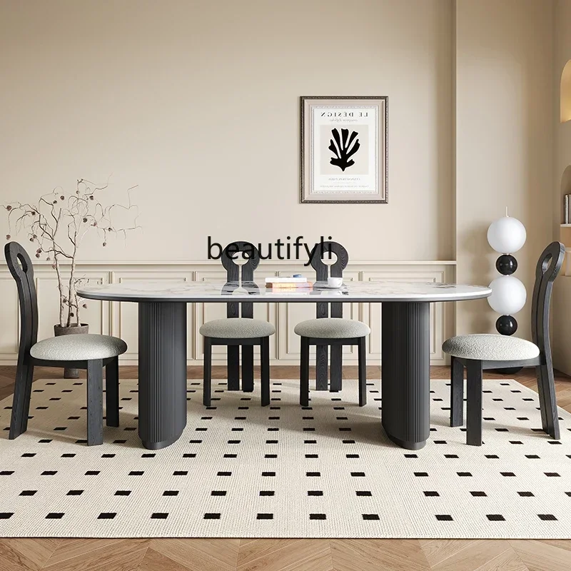 

YH French retro solid wood rock slab dining table and chairs Italian rock slab rectangular high-end dining table