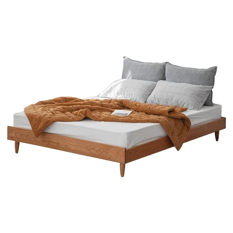

tatami bed, master bedroom, solid wood double bed, simple bedside, no bedside backrest bed, Nordic floor-to-ceiling low bed