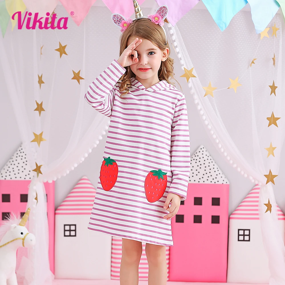 VIKITA Girls Hooded Dresses Kids Cotton Casual Long Sleeve Autumn Dress Girls Stawberry Striped Straight Dresses Kids Clothes