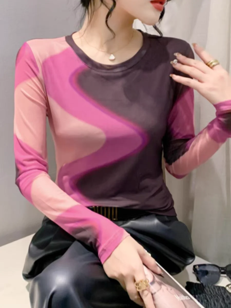 Spring Summer Gadient Color Mesh Base Trend T-shirts For Women O Neck Long Sleeves High Stretch Top Tee Shirt For Female