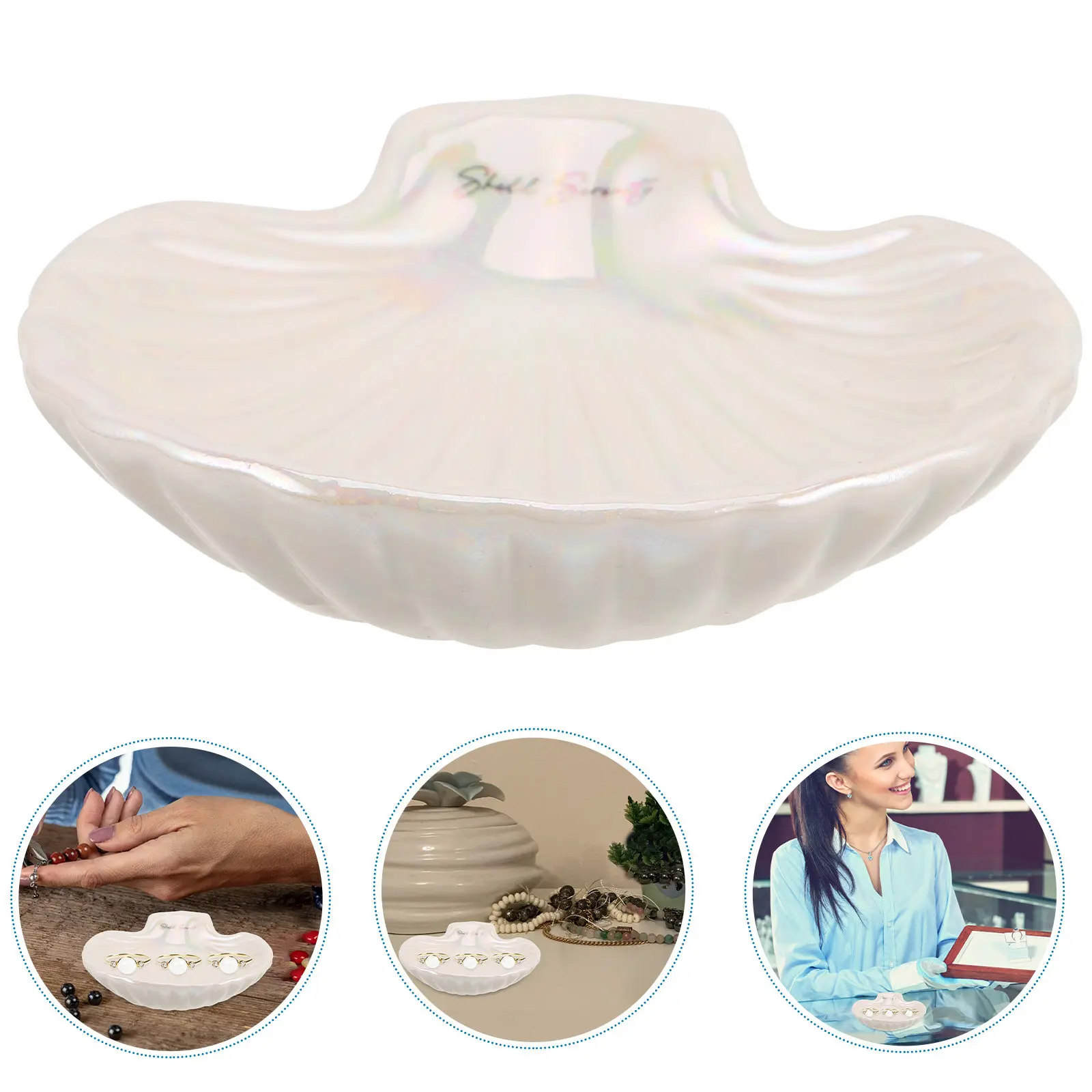 

Керамическая тарелка в форме ракушки с гладкой поверхностью, компактный поднос для демонстрации колец, серег, ожерелий, браслетов, ключей, декоративный.