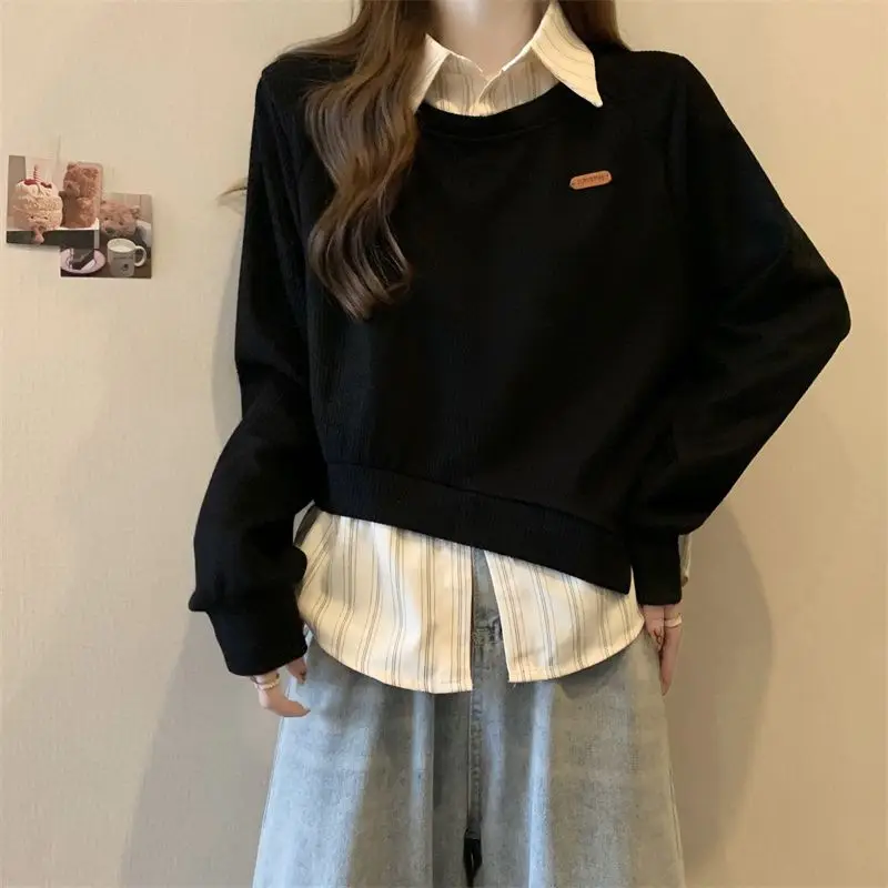 Black Two Piece Layered Sweatshirt Women Collar Irregular Stripes Shirt Patchwork Spring Autumn Casual Top