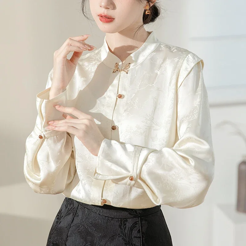 

Satin Chinese Style Women Blouses Summer New 2024 Korean Clothing Sales Loose Long Sleeves Tops Prints Vintage Women's Shirts