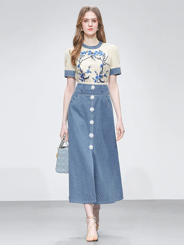 

Summer 2026 High Waist A-Line Skirt And Short Sleeve Embroidered Denim Two-Piece Set Women's Fashion Ensemble Nylon Cott...