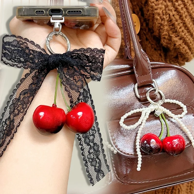 Fashion Pearl Lace Bowknot Keychain Mobile Phone Charm Pendant Accessories Hanging Cherry Keyring Girls Backpack Decoration