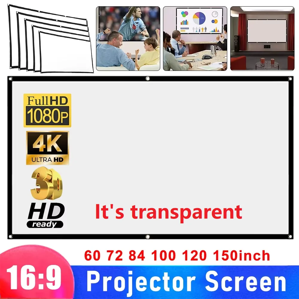 1080P 3D 4K HD Projector Screen Simple Curtain Anti-Light 60/72/84/100/120 Inches Projection Screens for Home Outdoor Office