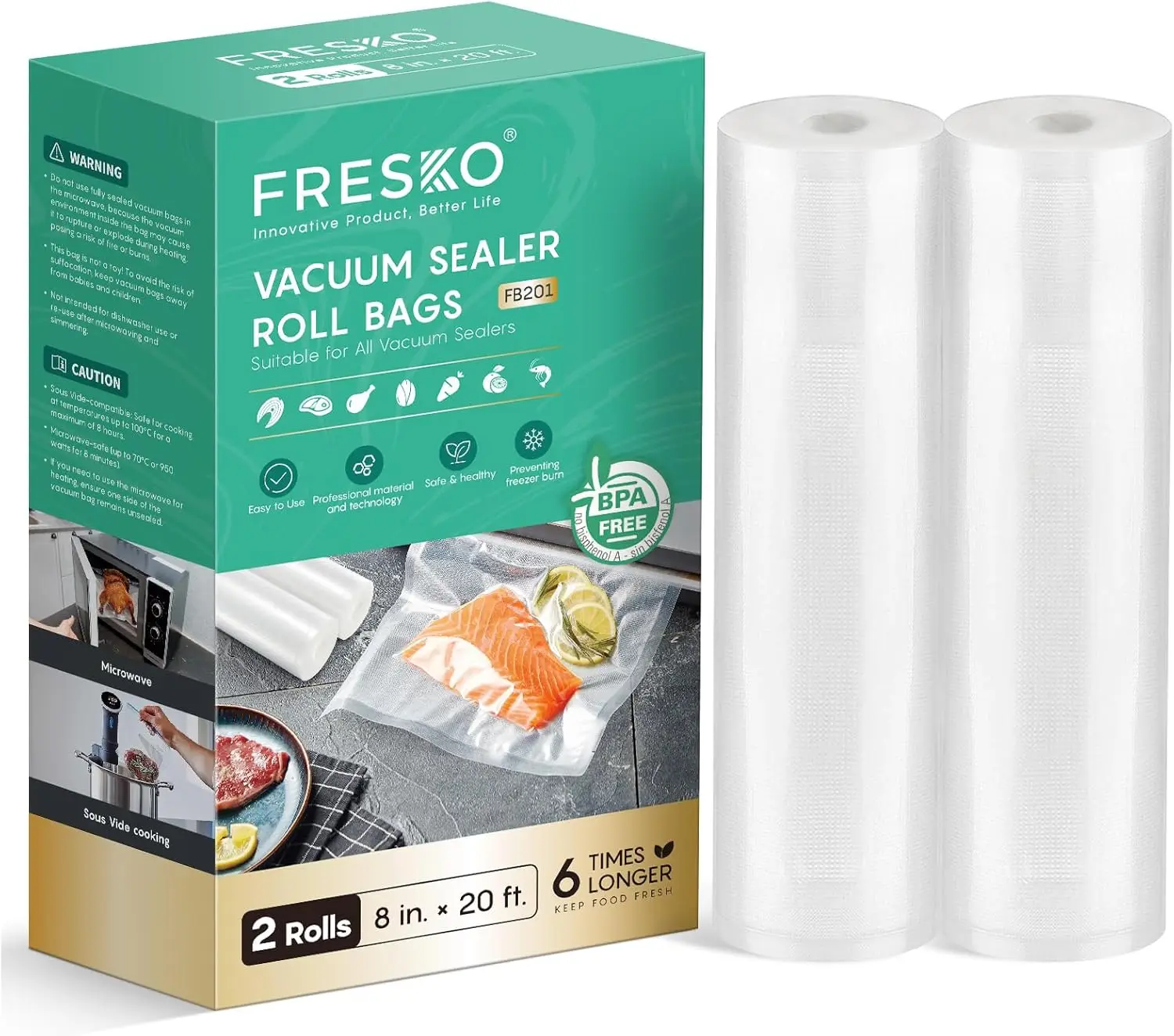 

8"x20' Vacuum Sealer Bags, 2 Rolls Heavy Duty Food Storage for Meal Prep & Sous Vide Cooking
