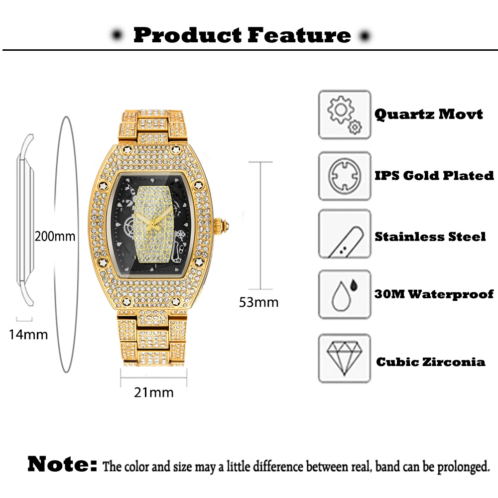 Missfox Men\'s Wristwatch Clock Tonneau Gold High-end Luxury Man Watch Hip Hop 53MM Oversized Big Dial Quartz Movt Reloj Hombre