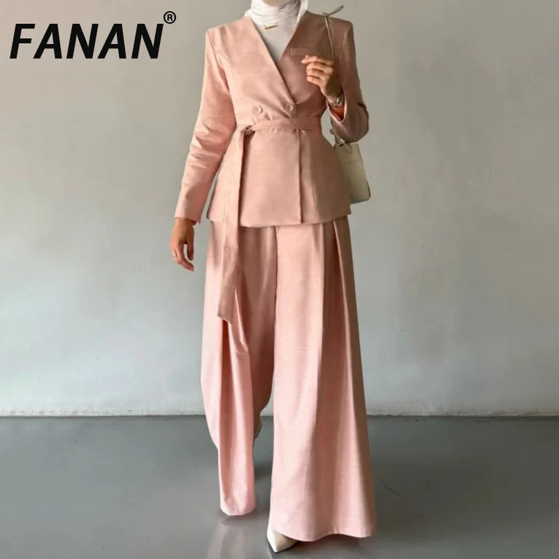 

FANAN 2025 Autumn New Elegnat 2 Piece Set Women's V Neck Belt Gathered Waist Blazers+high Waist Wide Leg Pants Female Suits