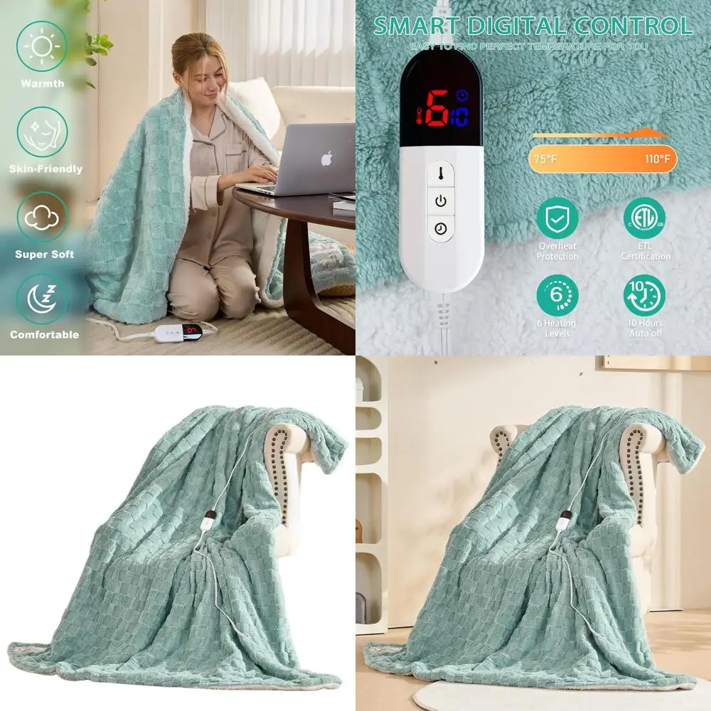 

Одеяло с подогревом, 6 уровней регулировки, автоматическое отключение через 10 часов, мягкий фланель, сертифицировано ETL и FCC (зеленое, 84x90)