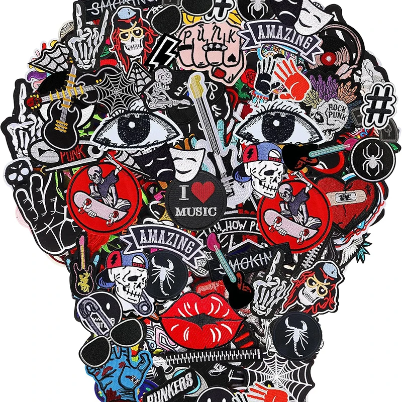 10/20/30/40/50PCS Random Send Punk Embroidery Patch Iron On Patches Rock Skull Embroidered Patches Personality Stickers Decorat