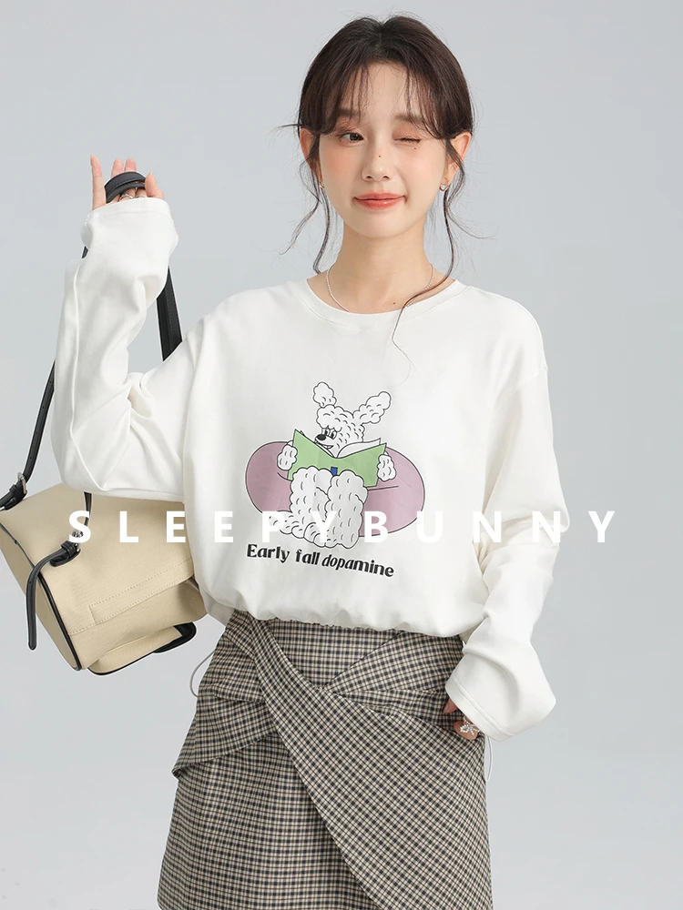 Cute Casual Loose Crewneck Printed Sweatshirt Autumn Long Sleeve Drop Shoulder Pullover Top Women Youthful Playful Warm Outfit