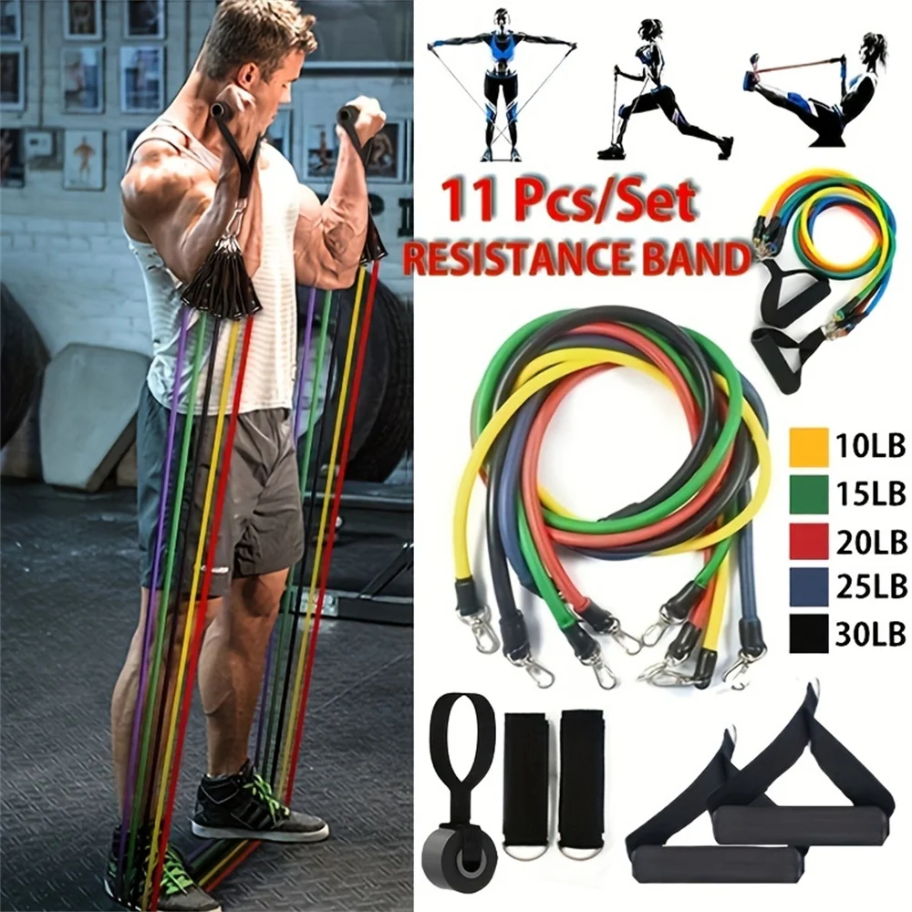 11 unids/set cuerda de tracción, bandas de resistencia, equipo de Fitness portátil, correa de tobillo, expansor de pecho, banda elástica para ejercicio