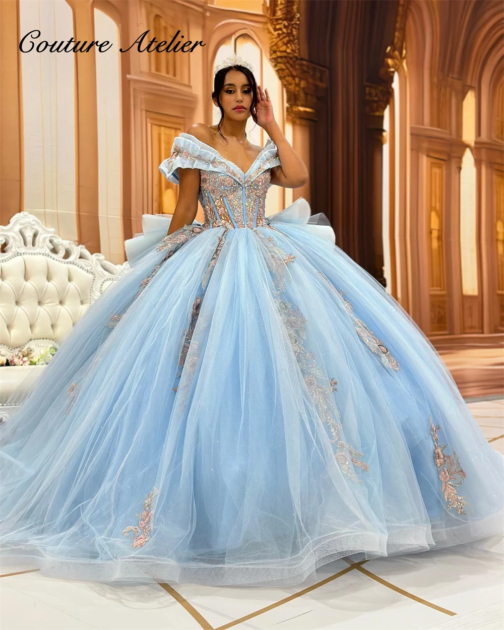 

Ruched Off The Shoulder Sky Blue Quinceanera Dress Ball Gown Sweet 16 Dresses Beaded Appliques Corset vestidos de 15 quinceañer