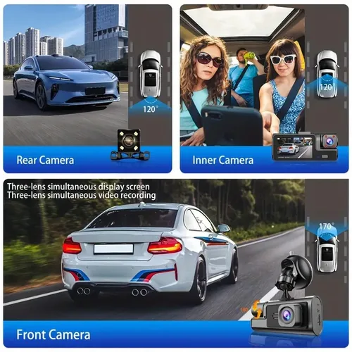 Imagen 2 del producto Cámara de salpicadero con 3 cámaras para coche, grabadora de vídeo 1080P, WIFI, DVR, dashcam coche,camara coche,sistemas inteligentes de visión trasera y delantera, visión nocturna, caja negra, accesorios para coche