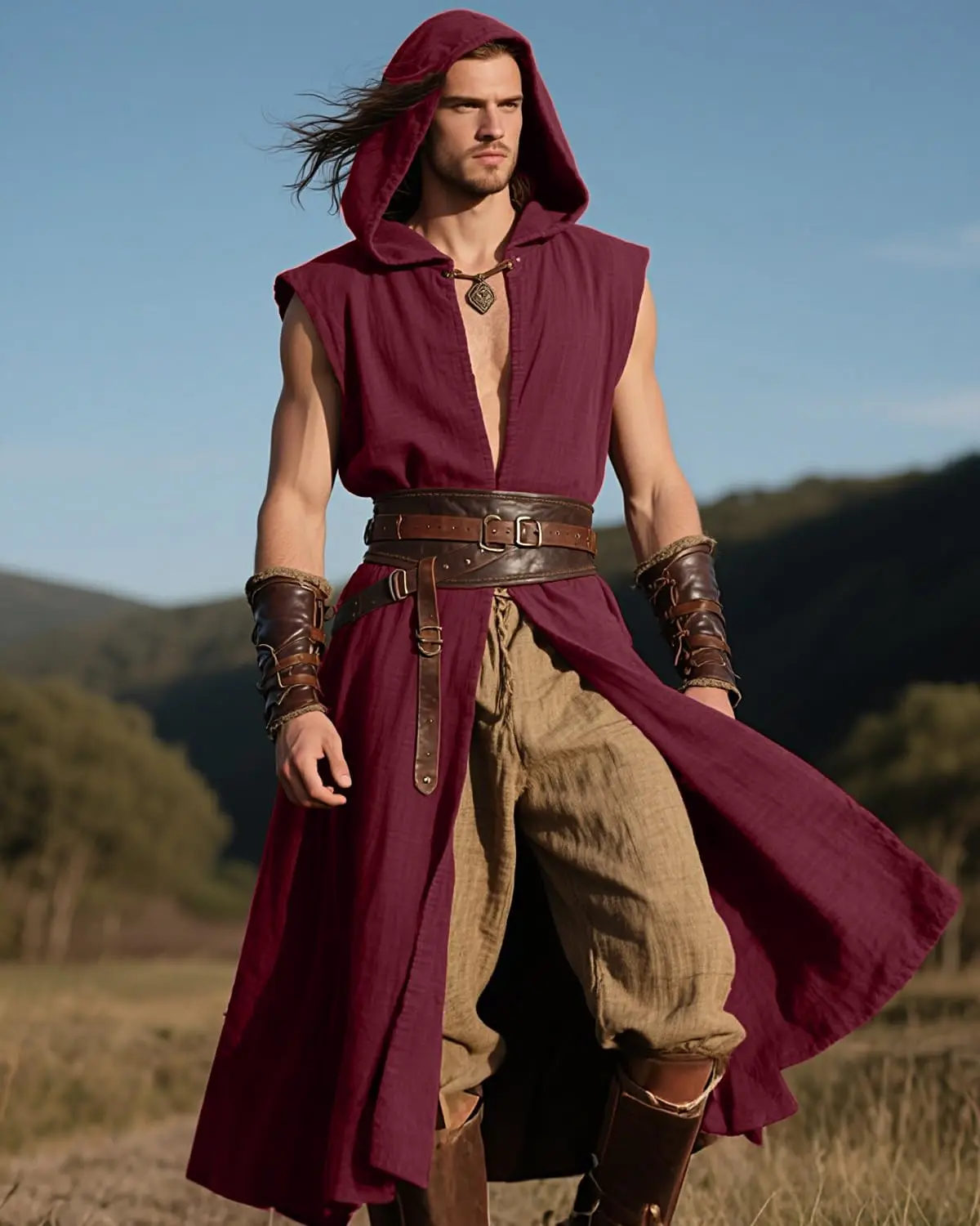 معطف رجالي بقلنسوة من القرون الوسطى وعصر النهضة تابارد بدون أكمام سترة عباءة فايكنغ زي الهالووين قاتل كوسبلاي