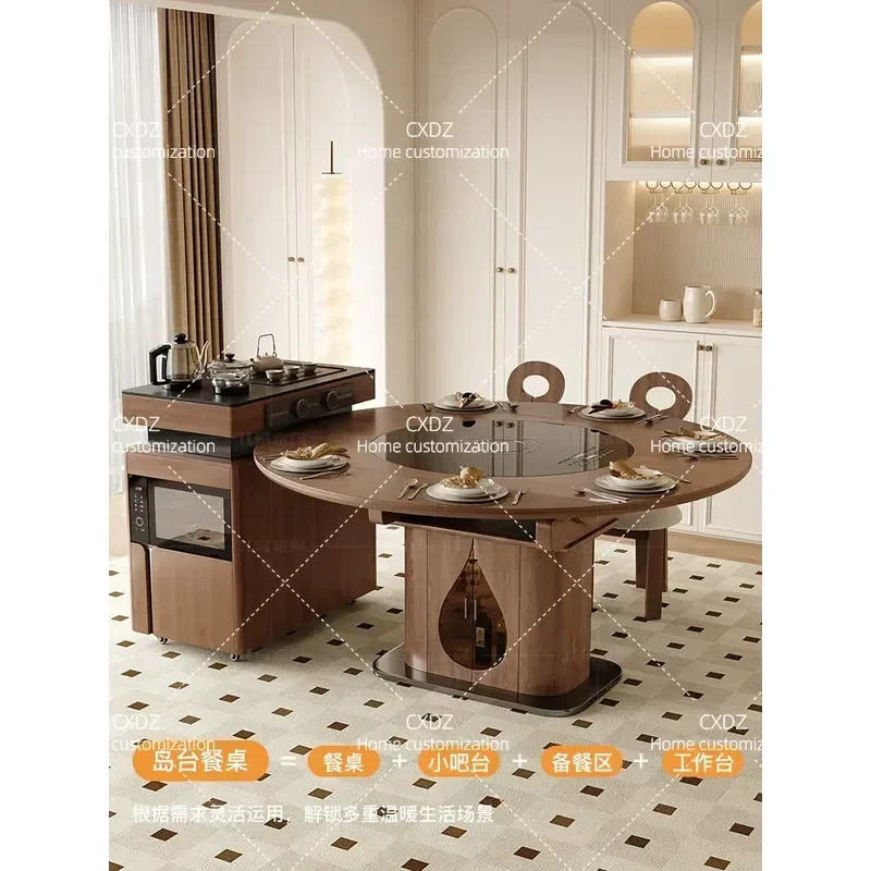 Chinese Ancient Style Solid Wood Island Dining Table with Integrated Tea Table Detachable Design for Small Apartment