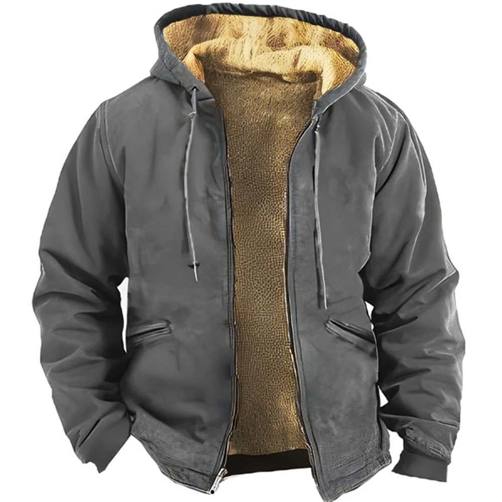 

Winter Fleece Zipper Hoodies for Men Vintage Solid Color Print Hood Jackets Clothing Street Outerwear Coat Hooded Zip-up