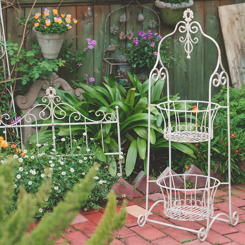

European Iron Plant Stand Outdoor 2-Tiers Flower Shelf Balcony Garden Decor Patio Plant Display Rack Heavy Duty Bonsai Holder