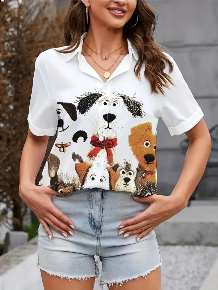 قمصان نسائية صيفية 2025 بأكمام قصيرة مع مطبوعات كرتونية وقطط لطيفة لقضاء عطلة صيفية عصرية وغير رسمية
