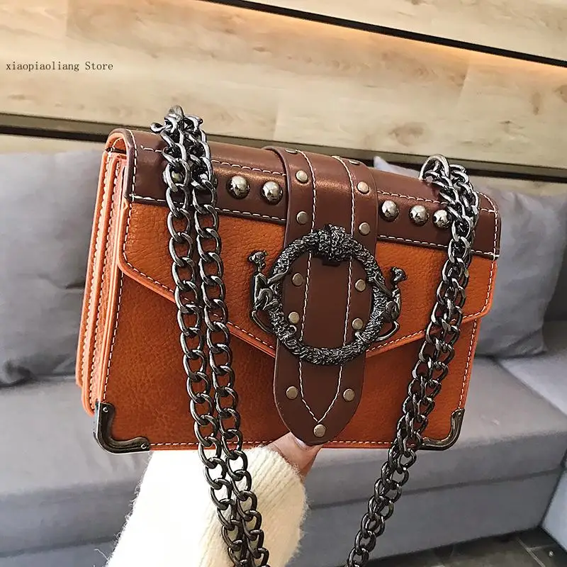 Fashion Women\'s Bag High Quality Pu Leather Designer Handbag Rivet Chain Chain Shoulder Crossbody Bag