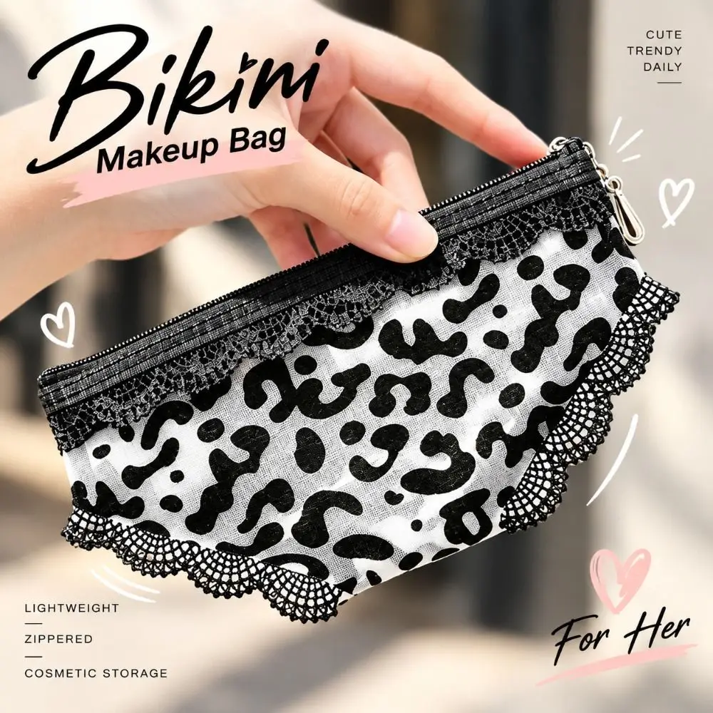 Trendy Mesh Bikini Panty Shape Makeup Bag Zippered Lace Trim Cosmetic Storage Bag Novelty Lightweight Cosmetic Pouch Woman Girl