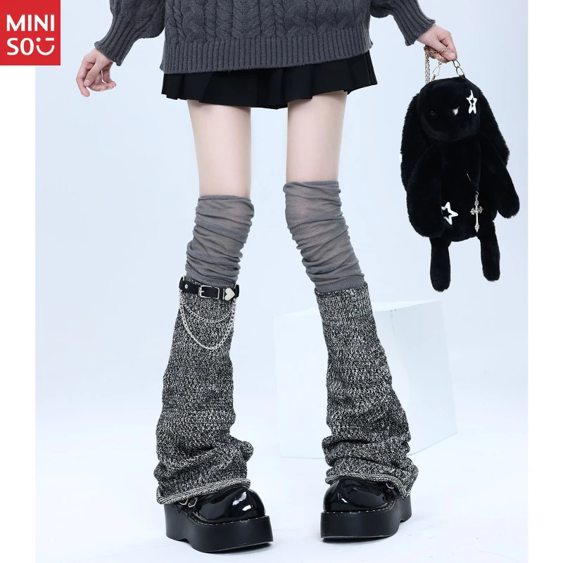 ถุงเท้ารัดขาแบบโซ่สไตล์ Y2K ของมินิโซ ถุงเท้าหนังแบบซ้อนสำหรับใส่เป็นเลเยอร์