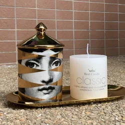 Luxury Ceramic Candle Holder with Gold Lid Moroccan Mumluk Candle Cup for Home Decoration Retro Cotton Swab Jar Vintage Style
