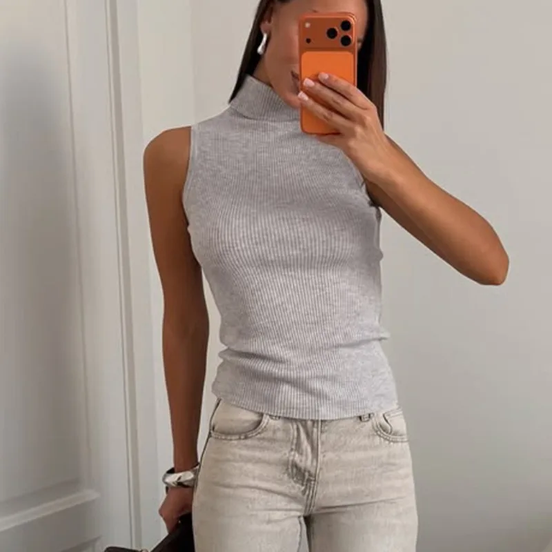 Tuularose Women's Turtleneck Sweater Fashion Ribbed Patchwork Bodycon Sleeveless Vest Autumn Casual New Streetwear Women's Tops