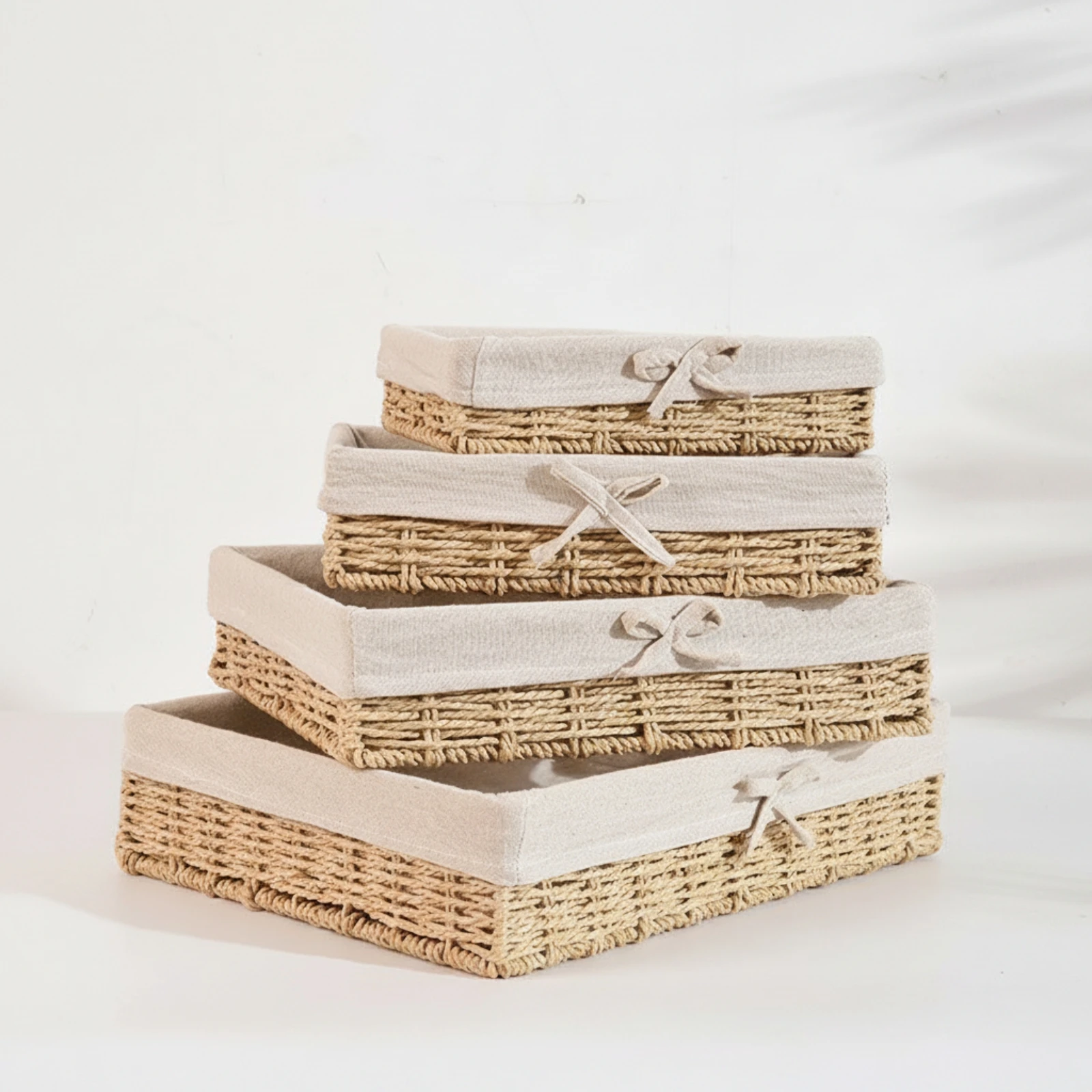 4 Pieces Woven Storage Basket with Textile Trim Low-Height Wicker Basket Wicker Storage Tray Natural Woven Tray Versatile