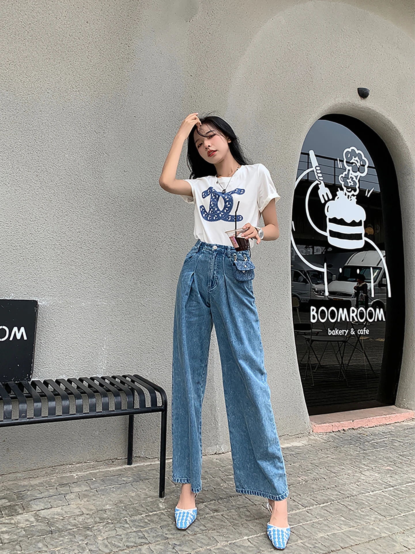 

Джинсы с отстегивающимся поясом-сумкой, синие, широкие, женские, летние, свободные, повседневные, с эффектом похудения, с высокой талией, джинсовые брюки