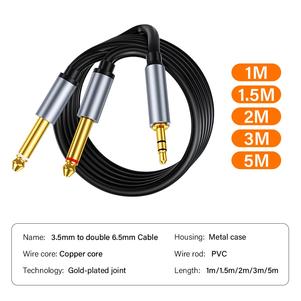 3.5mm To Double 6.35mm TRS AUX Cable 6.5mm Y Splitter Audio Adapter Connector For Mixer Amplifier 1/4 inch Jack Wire 2/3/5 Meter