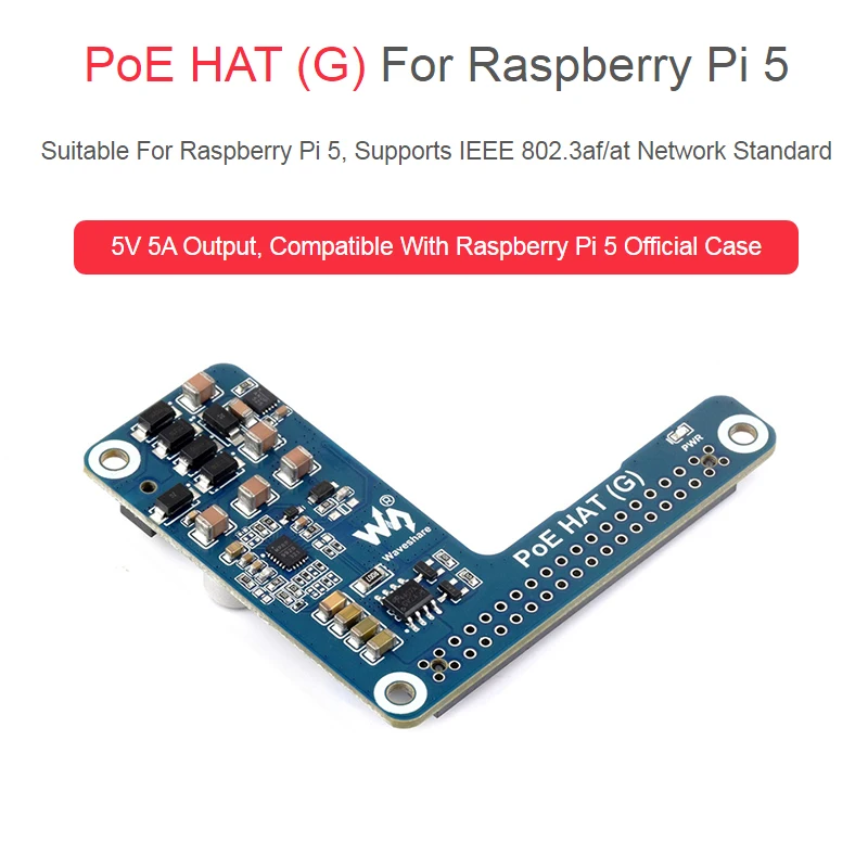 Power Over Ethernet HAT (G) For Raspberry Pi 5 5V 5A Output Supports 802.3af/at Network Standard for Raspberry Pi 5 PoE HAT