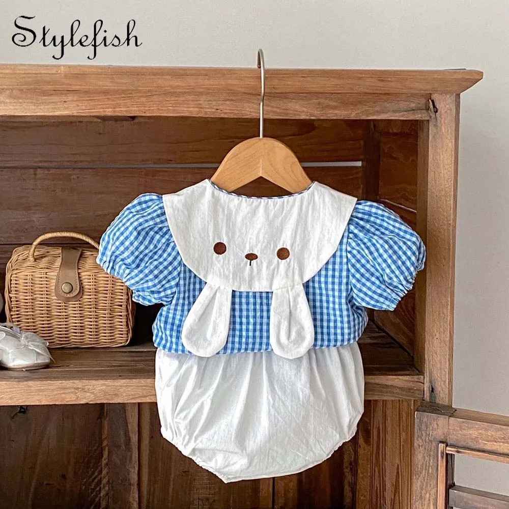 Summer Baby Boys And Girls Baby Trend Delicate Cute Bunny Doll Collar Plaid Top + Solid Color All-Matching Bread Pants 2 Sets