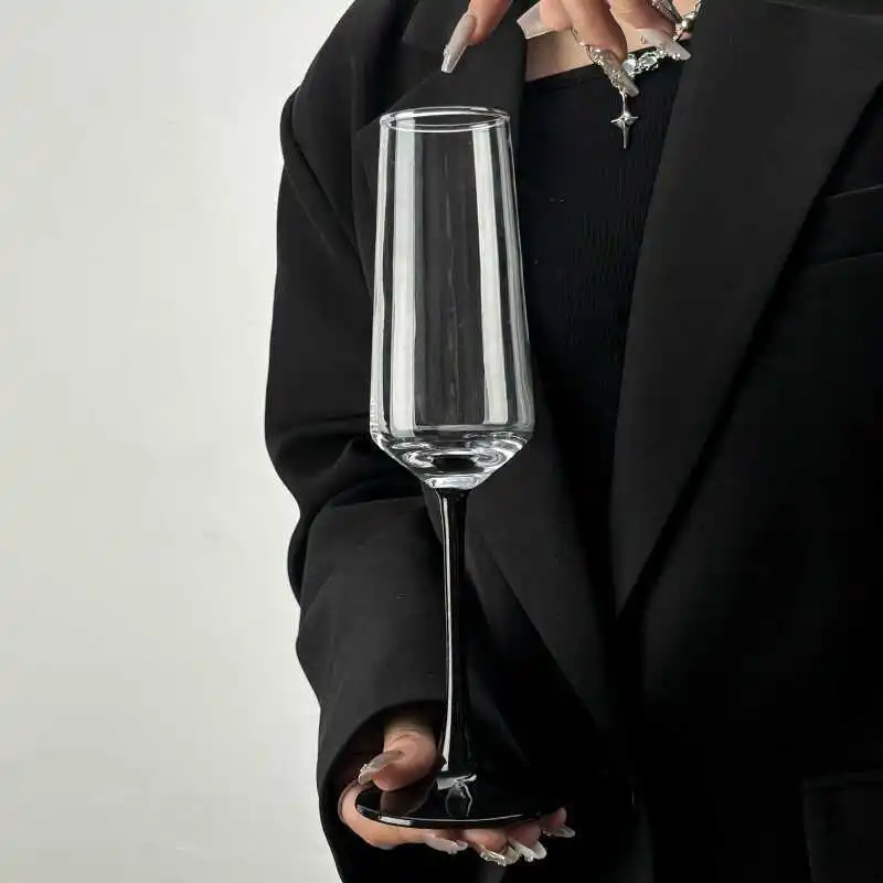 Clear Glass Champagne Flute With Black Stem And Base Elegant Tall Tulip Bowl Sparkling Wine Cocktail Bar Drinkware For Wedding