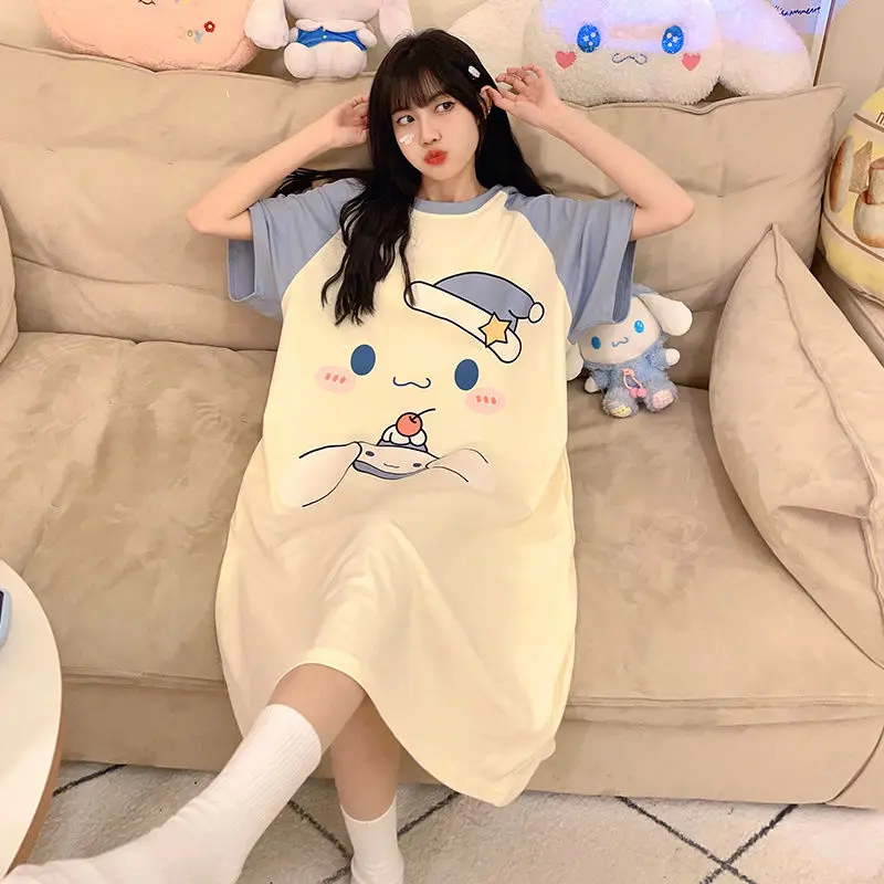 HelloKitty Pochacco Cinnamon Women Sleepwear Loose Large Size Kawaii Cute Cartoon Nightdresses Oversize Cozy Pajama  Loungewear