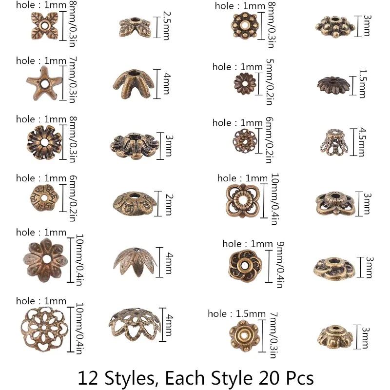 1 Box 240Pcs 12 Styles Spacer Beads Caps Bulk Vintage Style Antique Bronze Flower Bead Caps Alloy Metal Loose Spacer Fixed Mixed