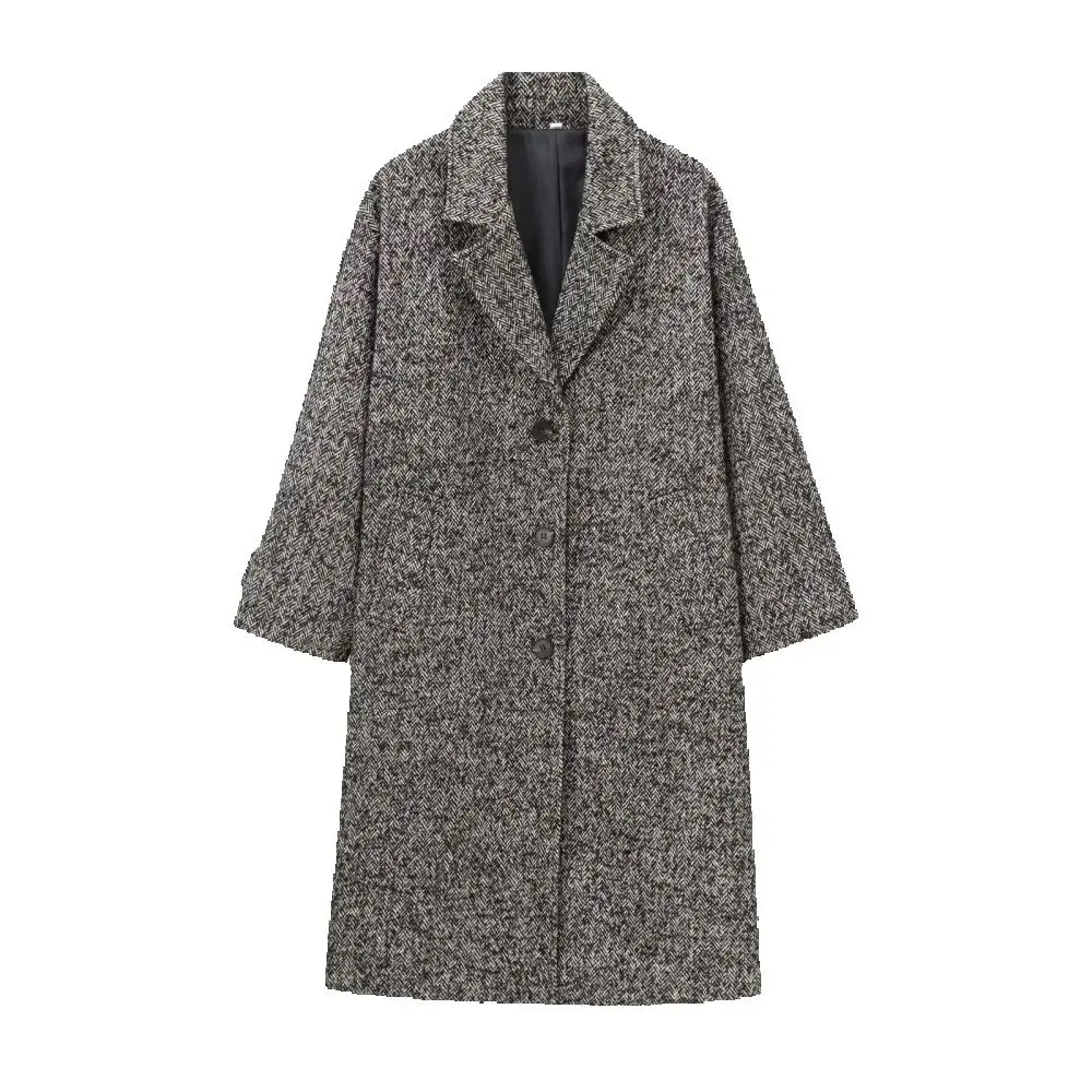 

women's loose shoulder coat with lapel long sleeved button pocket herringbone diagonal autumn and winter new style temp
