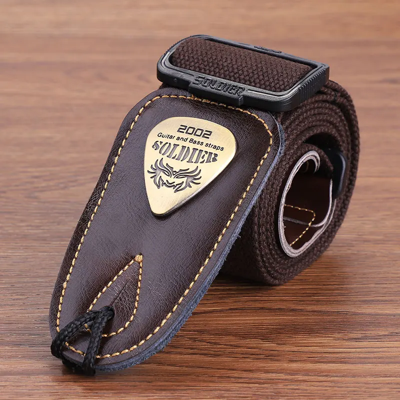 Soldier Acoustic Electric Bass Guitar Strap Black Leather Ends Shoulder Belt Personalized Metal LOGO Straps Guitar Accessories