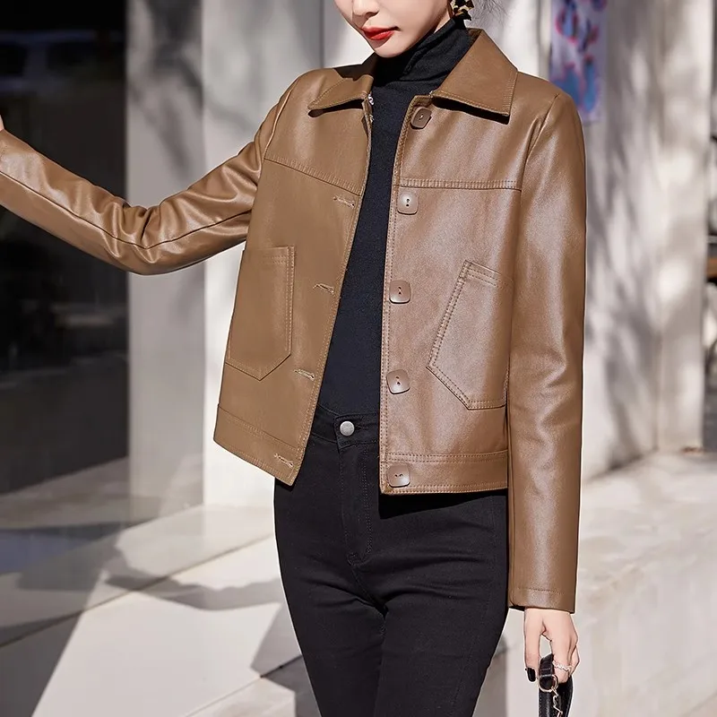 Marca ort Mujer piel de oveja Jaet Slim Fit Biker Sle primavera otoño Faion prendas de vestir exteriores con botones para ir al trabajo