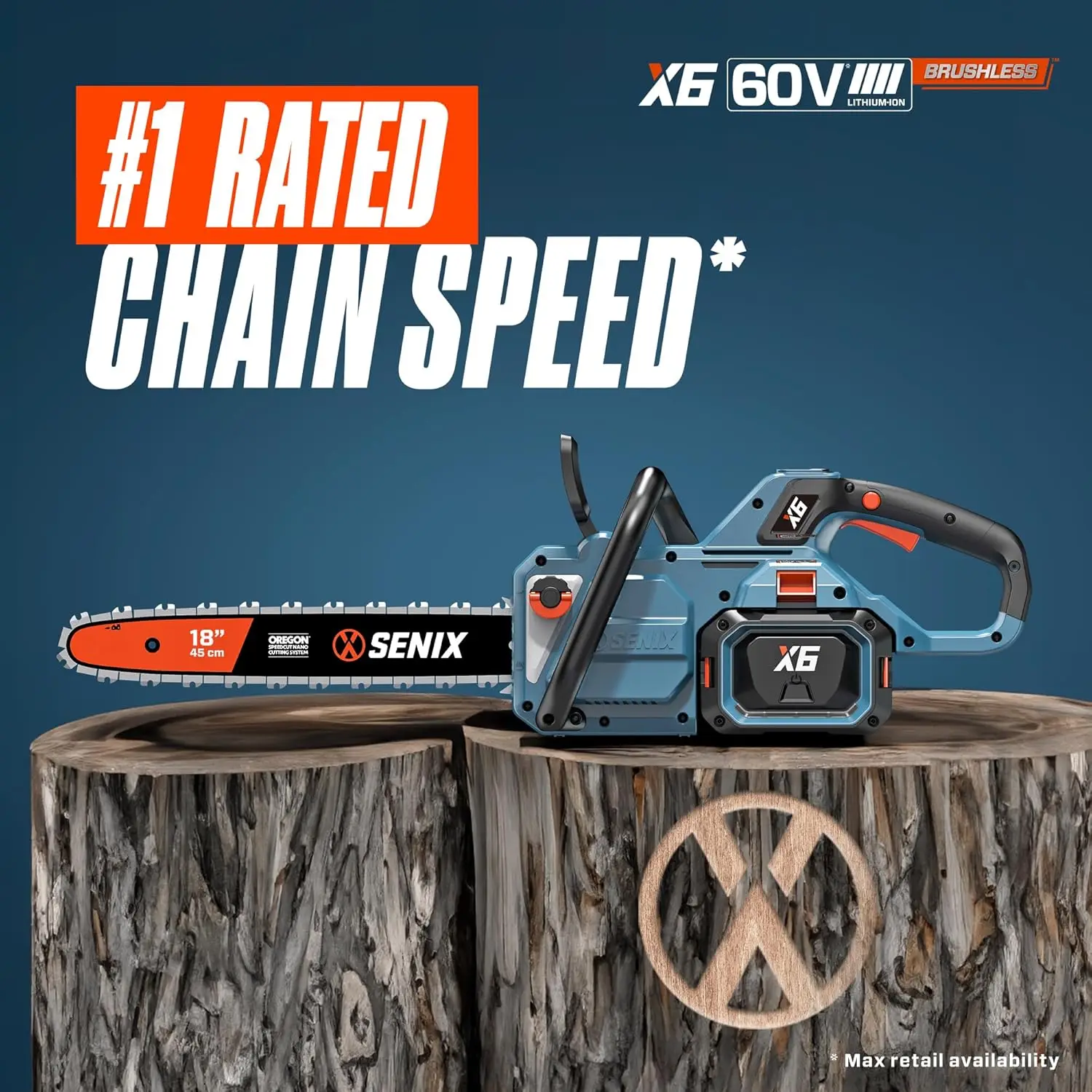 X6 60 Volt Max 18-inch Cordless Chainsaw with Brushless Motor and Oregon Bar and Chain for Trees Limbs and Firewood