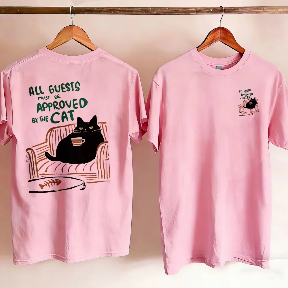 2026 Women All Guests Must Be Approved By The Cat Sofa Coffee Black Cat Tshirt Lazy Kitty Fishbone Cartoo